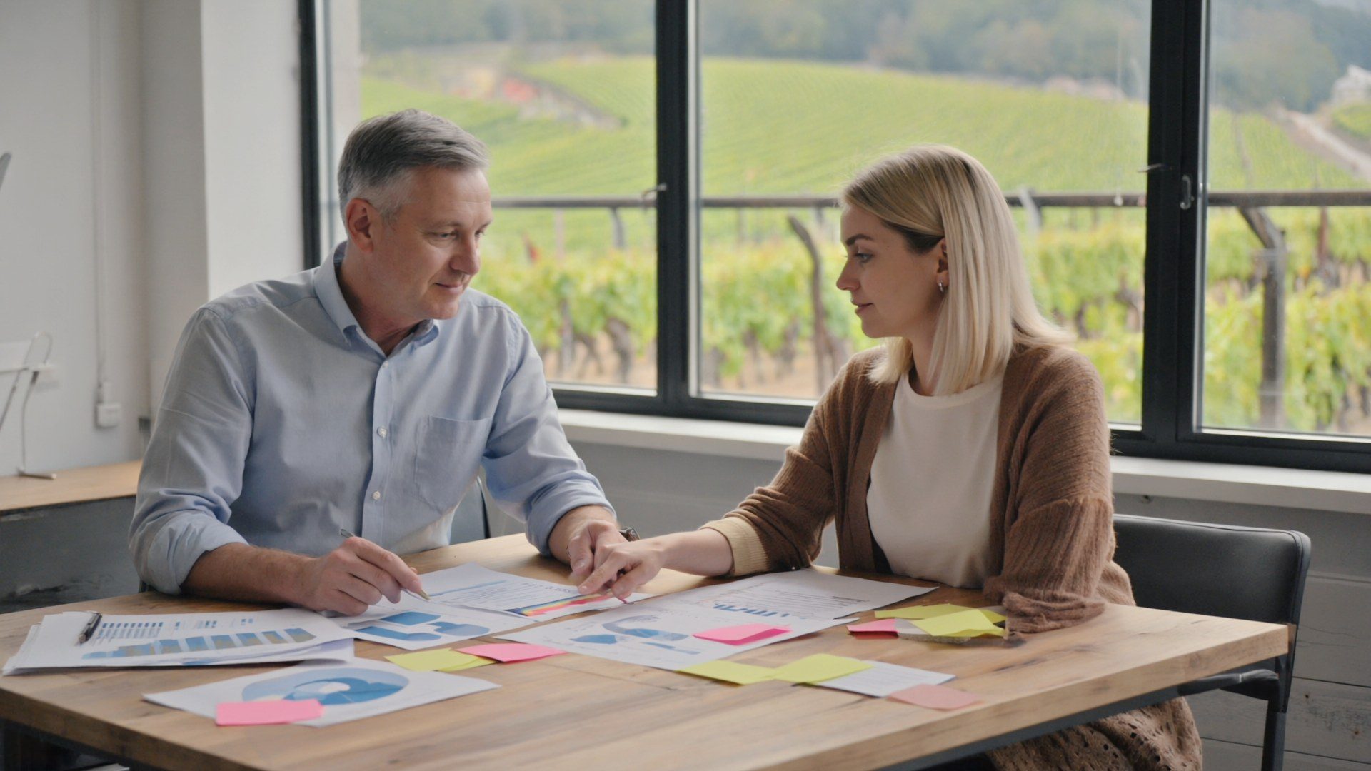 Two people at a table going through printed figures; vineyards visible through the window.