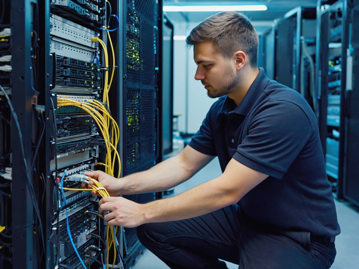 Technician plugging a yellow network cable into a patch panel inside a server cabinet.