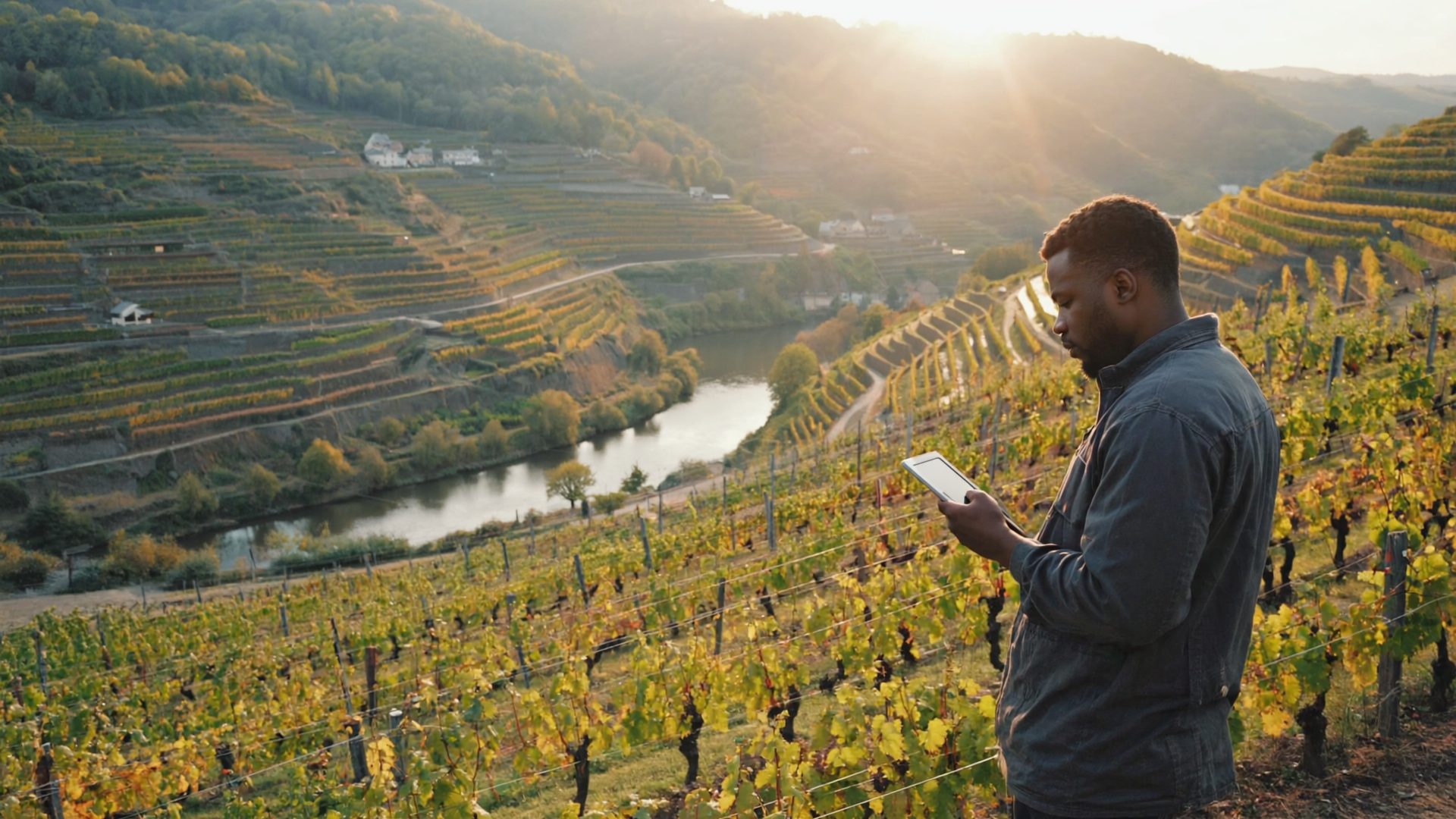 Winemaker standing between rows of vines above the Moselle, looking at a tablet; the river and an estate behind.